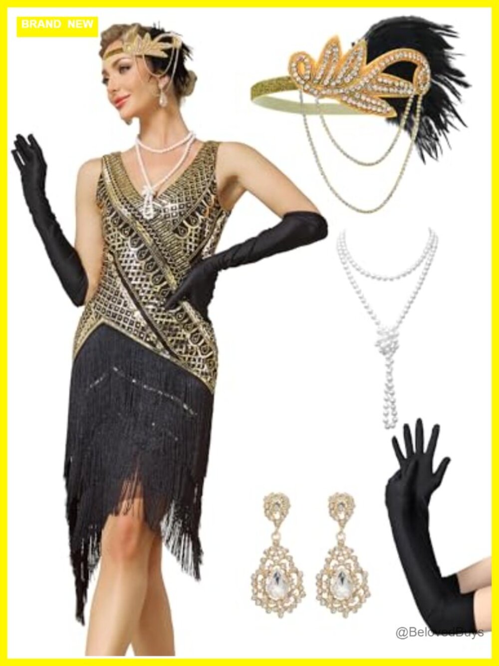 1920s Flapper Dress Set V Neck Beaded Fringed Great Gatsby Costume with